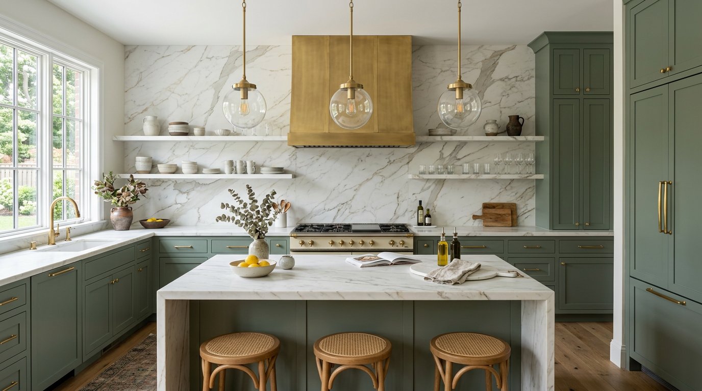 Full-height marble-look slab backsplash with brass hood in Farmington CT
